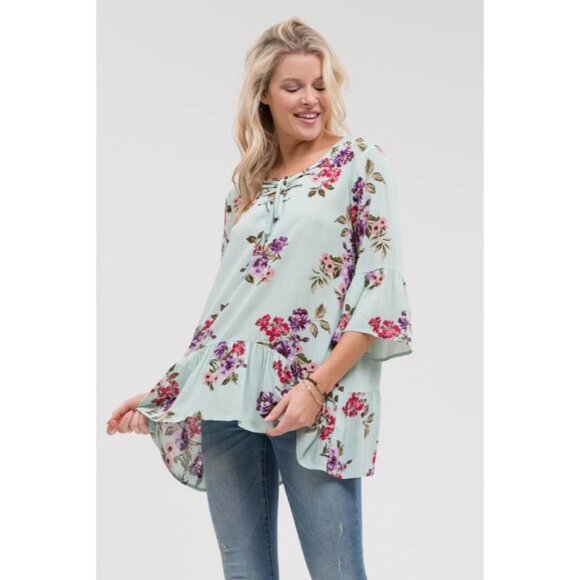 Blu Pepper Floral Tunic Top W/ Lace-Up Neckline & Ruffle Hem Light Blue Medium - Picture 4 of 10